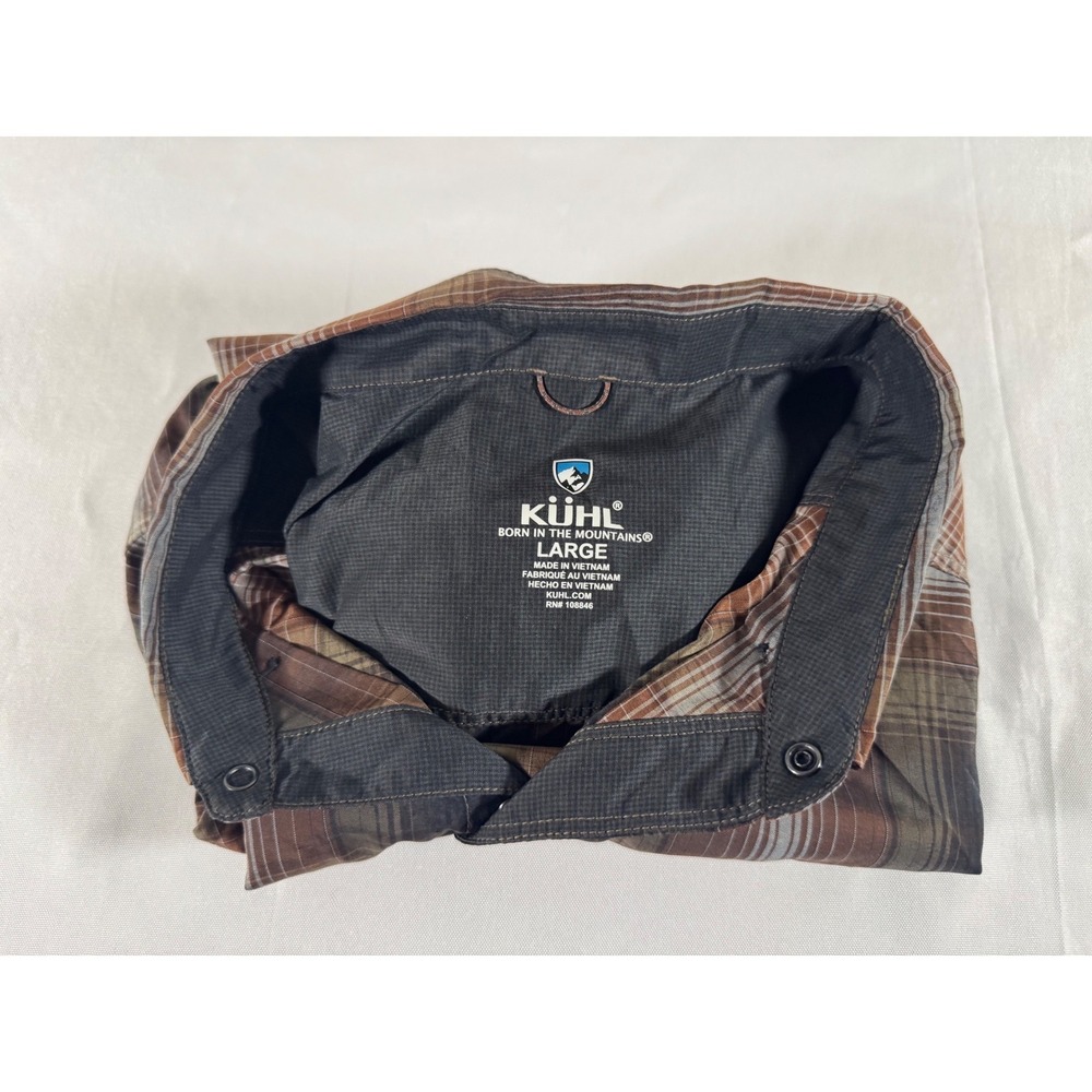 Kuhl Mens Brown Plaid Long Sleeve Button Down Outdoor Shirt Large Lens Cloth